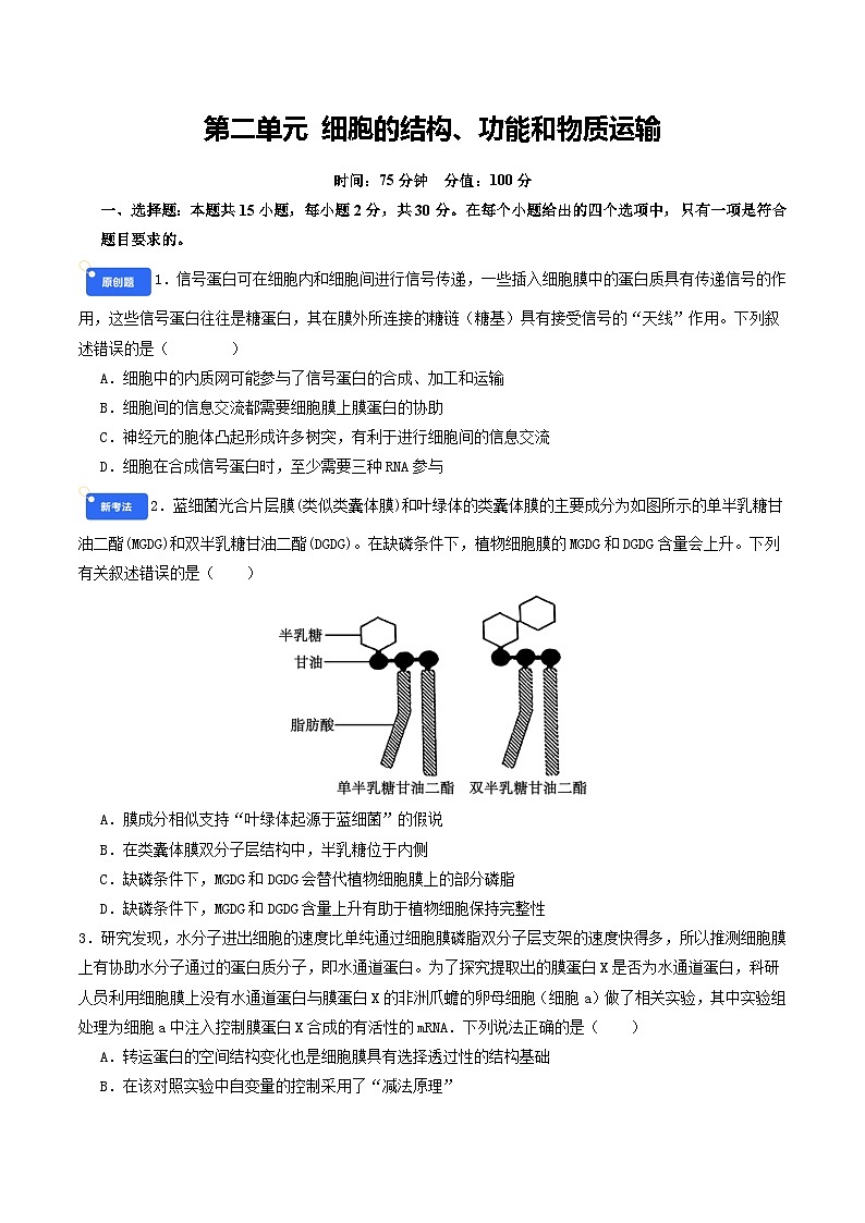 第二单元 细胞的结构、功能和物质运输（综合训练）（原卷版）（全国通用）第1页