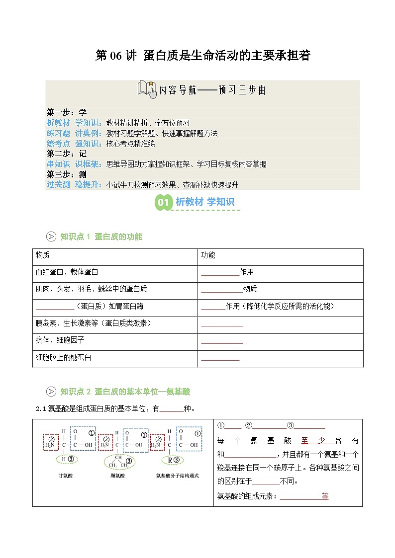 【01-暑假预习】第06讲 蛋白质是生命活动的主要承担者（学生版）-2025年新高一生物暑假衔接讲练 (人教版)(2)第1页