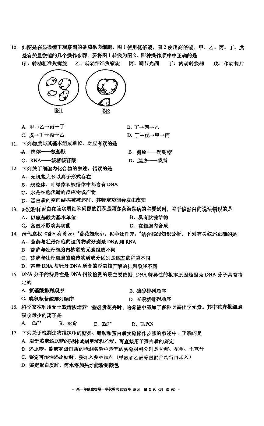 北京市第二中学2025-2026学年高一上学期10月学段考试生物试题 （月考）第2页