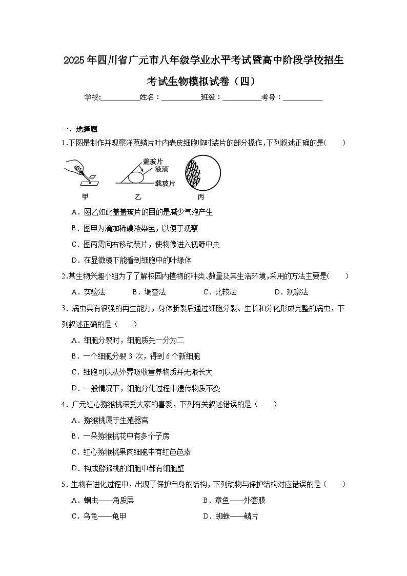 2025年四川省广元市八年级学业水平考试暨高中阶段学校招生考试生物模拟试卷（四）（附答案解析）第1页