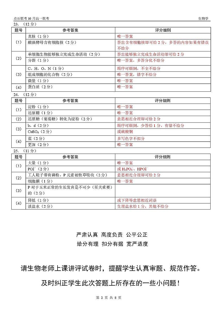 【点石联考】高一10月联考生物试题参考答案第2页