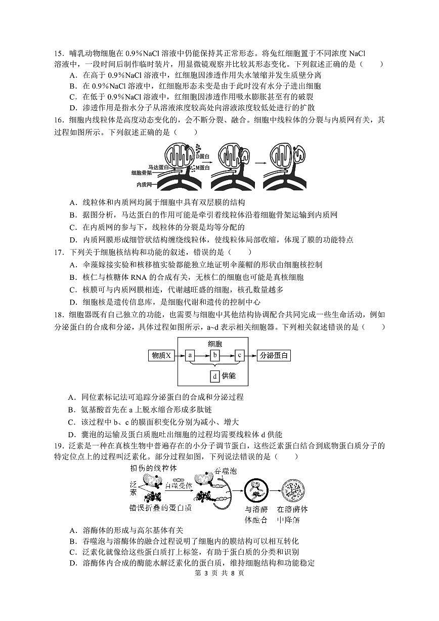 2024 -2025学年第一学期余姚中学高一上册生物学期中考试试卷含答案第3页