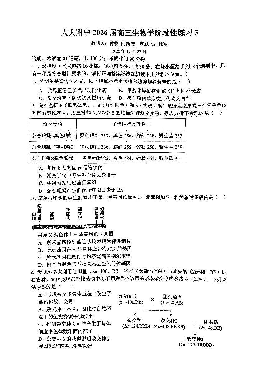 2025北京人大附中高三（上）练习三生物第1页