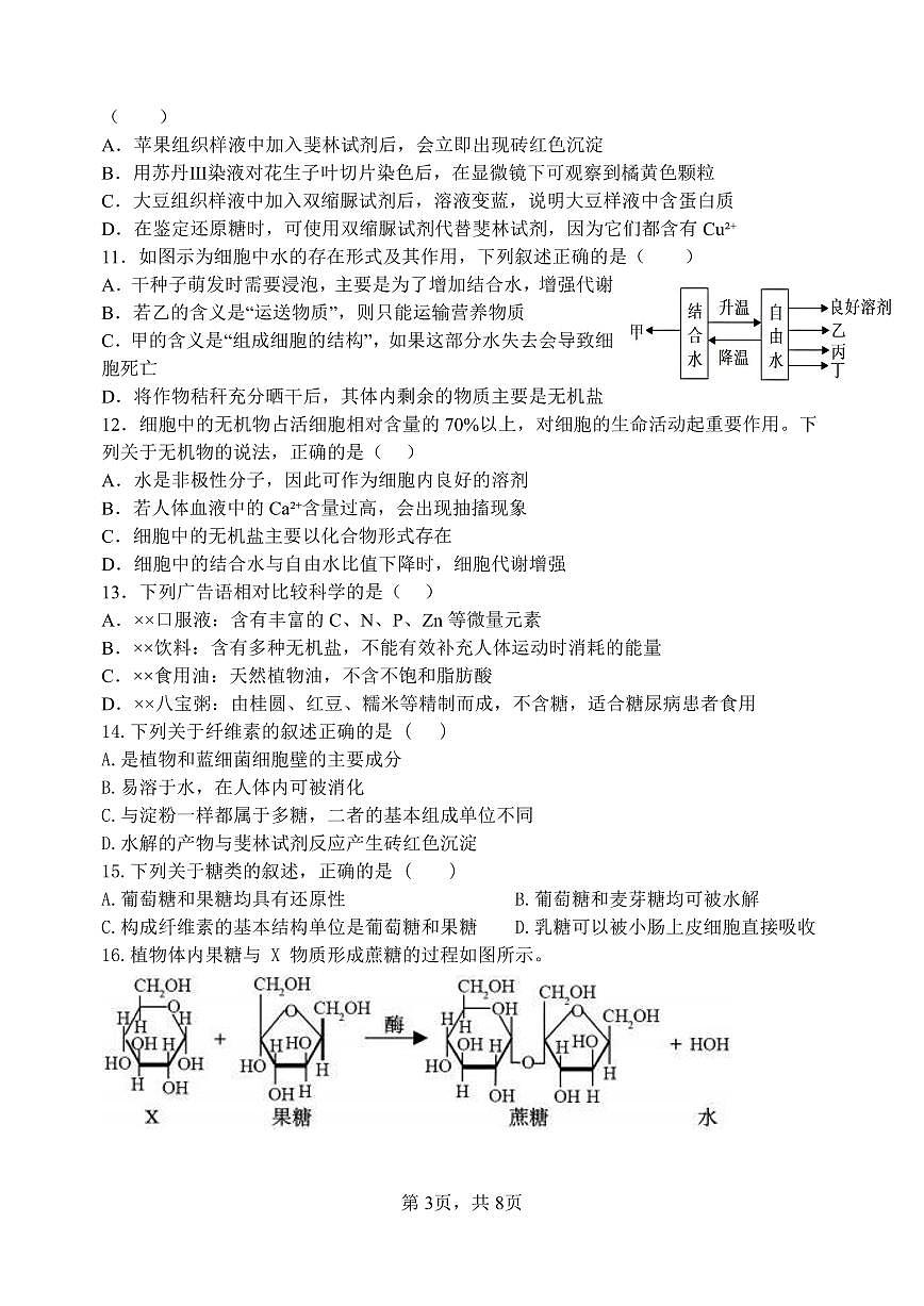 山西省太原市山西大学附属中学校2025-2026学年高一上学期10月月考生物试卷第3页
