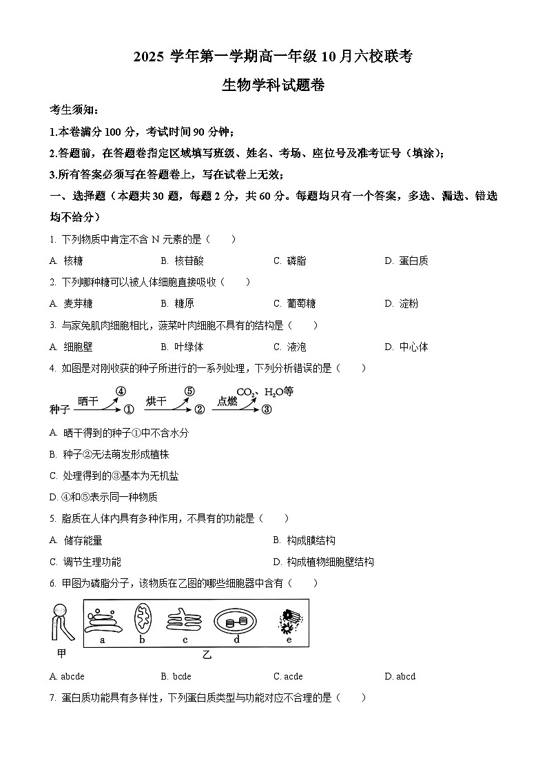 浙江省六校联盟2025-2026学年高一上学期10月月考生物试题（原卷版）第1页