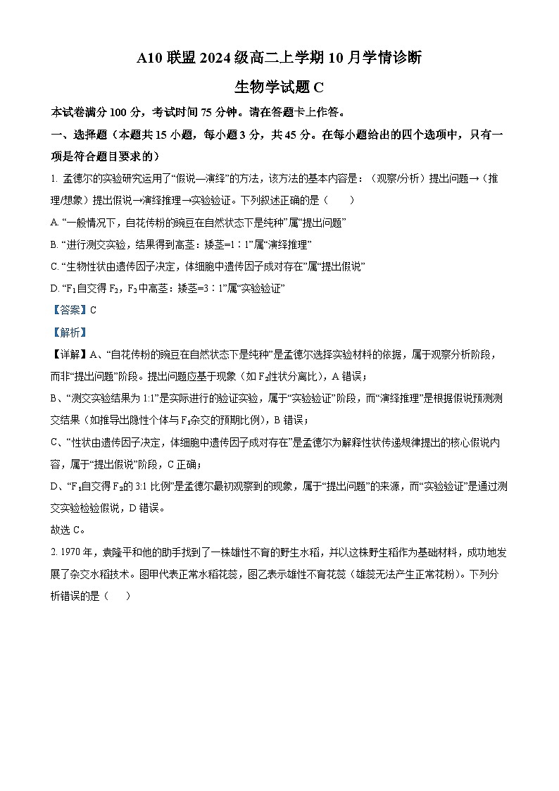 安徽省A10联盟2025—2026学年高二上学期10月学情诊断生物试卷（C卷） Word版含解析第1页
