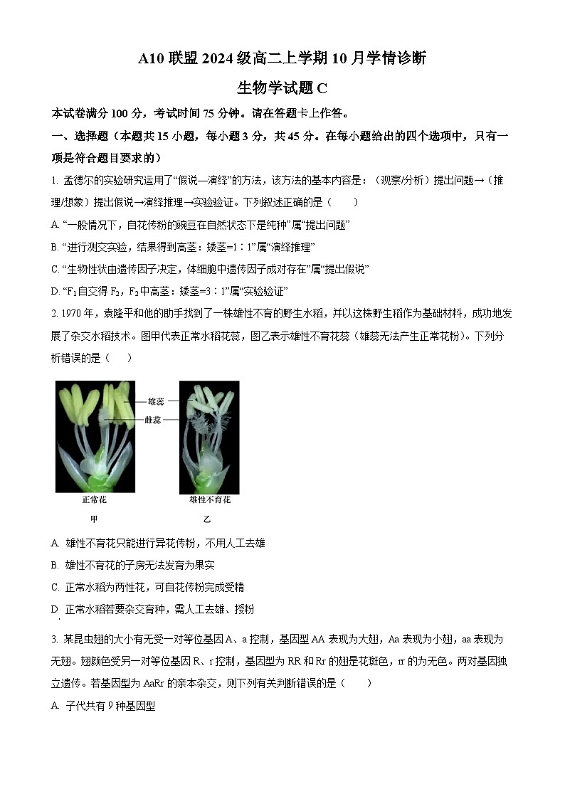 安徽省A10联盟2025—2026学年高二上学期10月学情诊断生物试卷（C卷）（原卷版）第1页