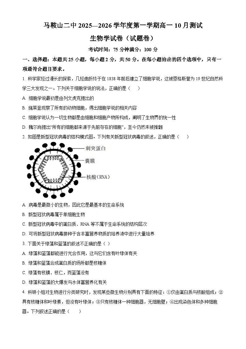 安徽省马鞍山市第二中学2025-2026学年高一上学期10月测试生物试卷（原卷版）第1页