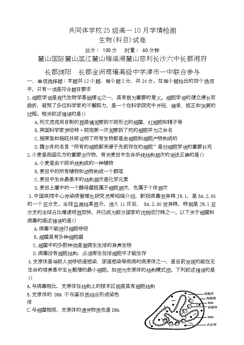 湖南省长沙市麓山国际实验学校2025-2026学年高一上学期10月月考生物试题第1页