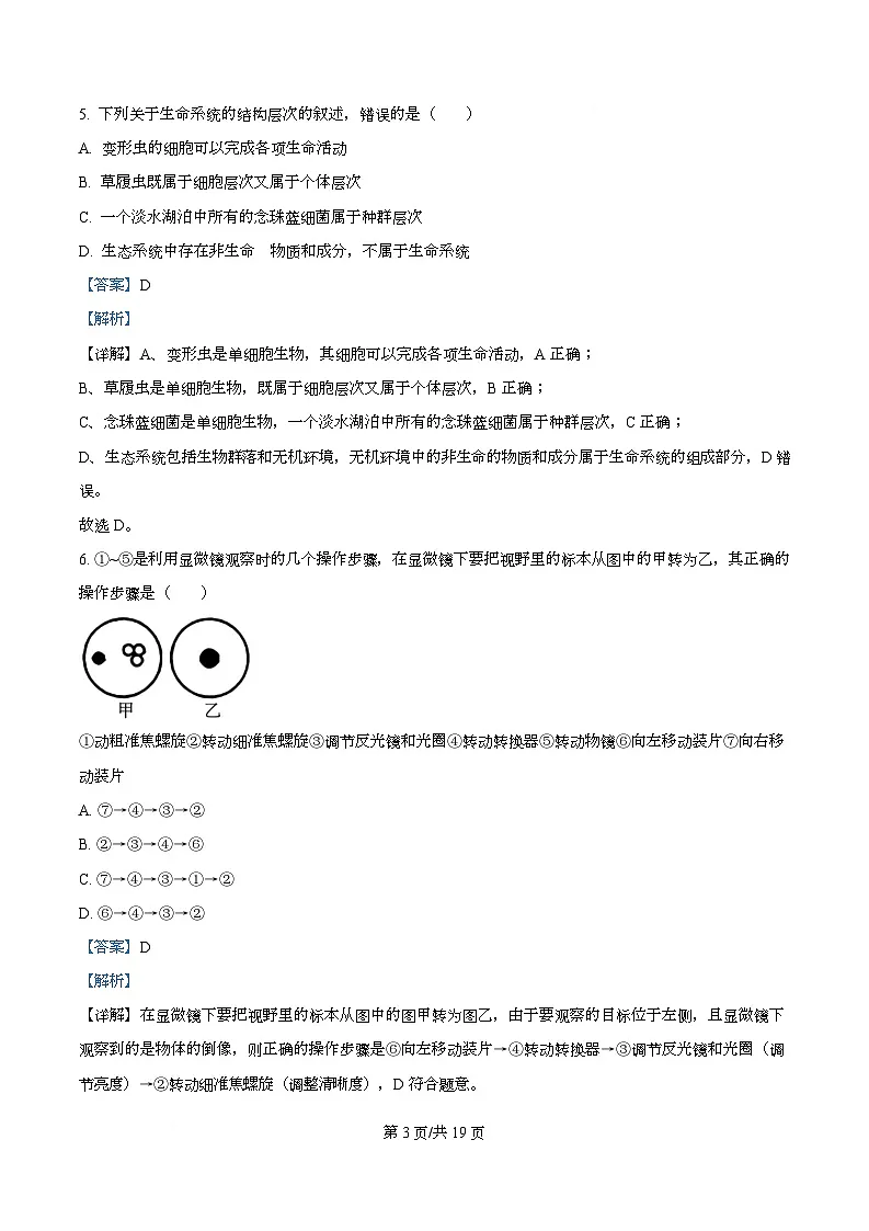 四川省内江市第一中学2025-2026学年高一上学期10月月考生物试题 Word版含解析第3页