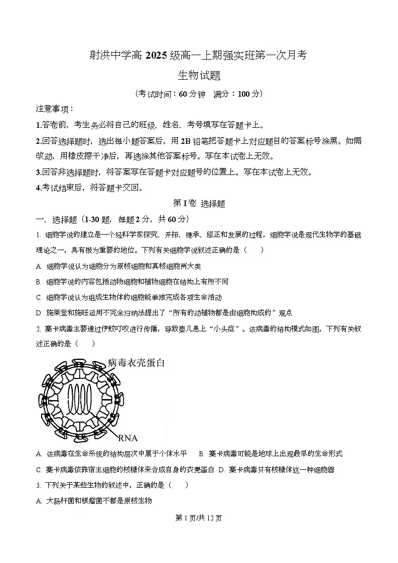 四川省遂宁市射洪中学2025-2026学年高一上学期10月月考生物试题（原卷版）第1页