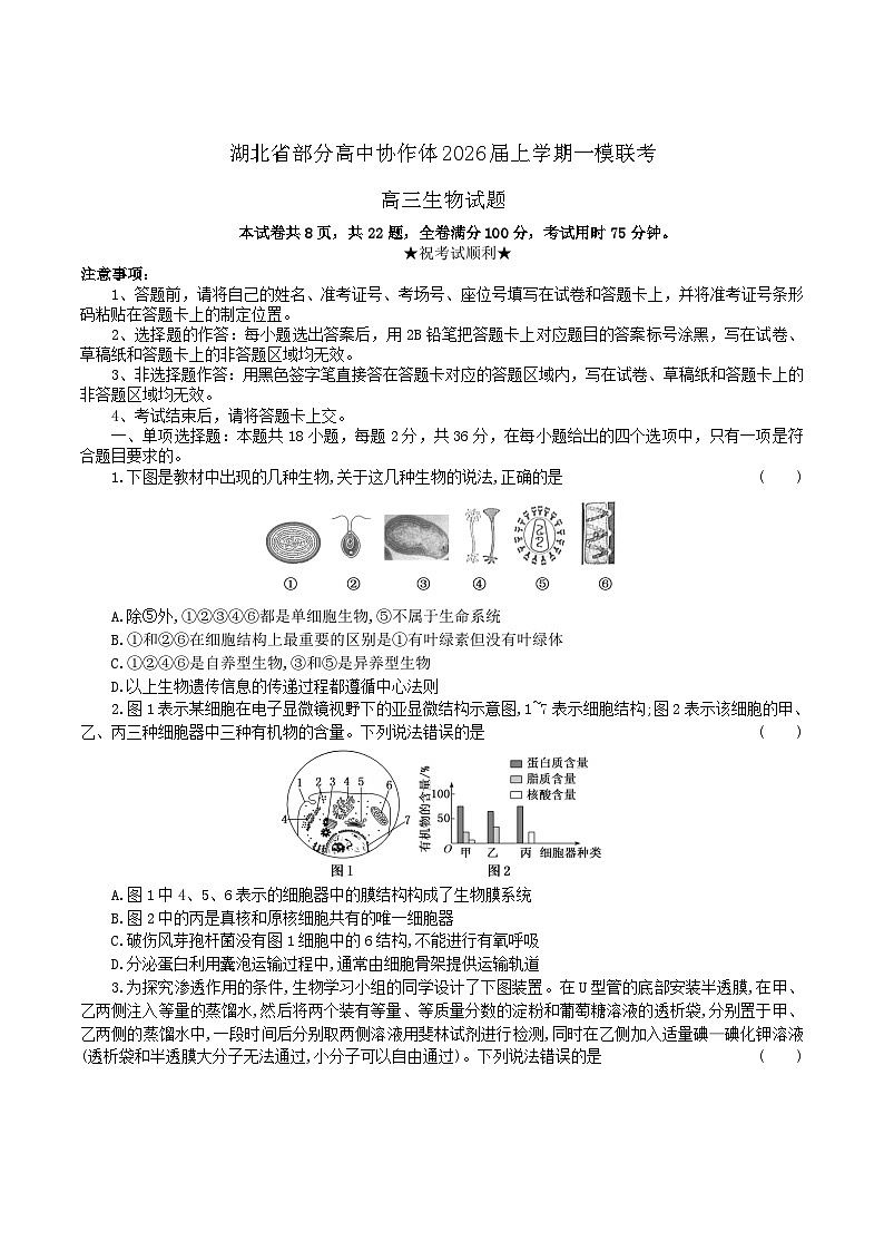 湖北省部分高中协作体2026届高三上学期一模联考生物试卷（Word版附答案）第1页