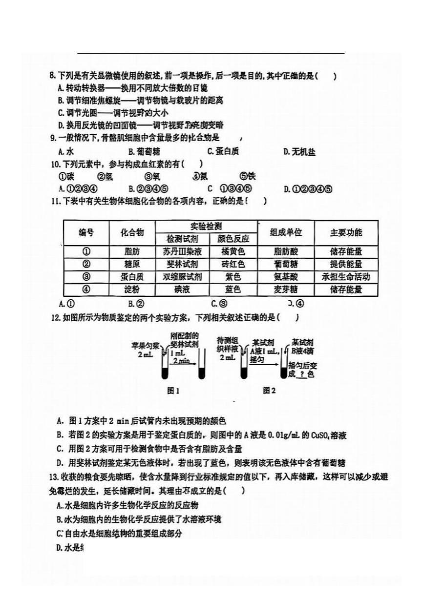 2025年哈尔滨市第六中学高一上学期10月月考生物试题及答案第2页