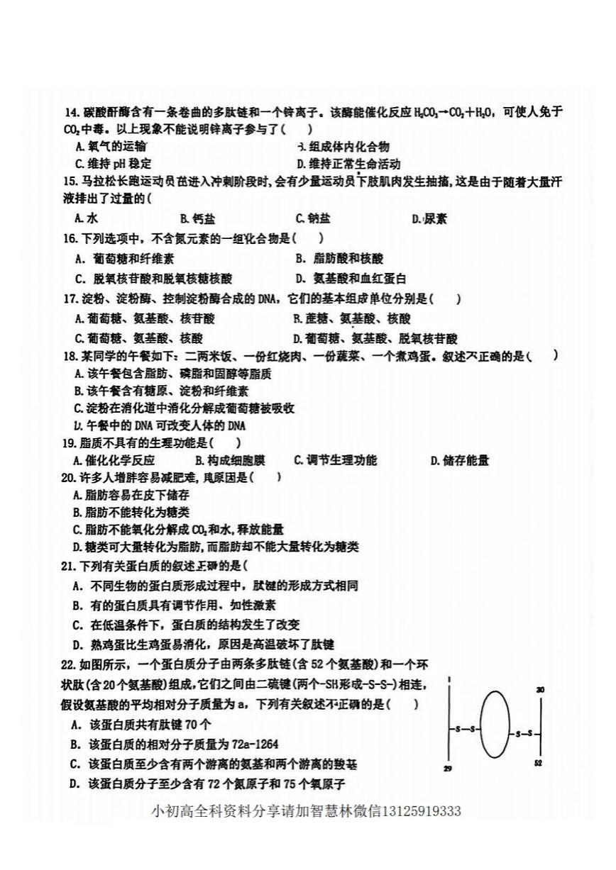 2025年哈尔滨市第六中学高一上学期10月月考生物试题及答案第3页