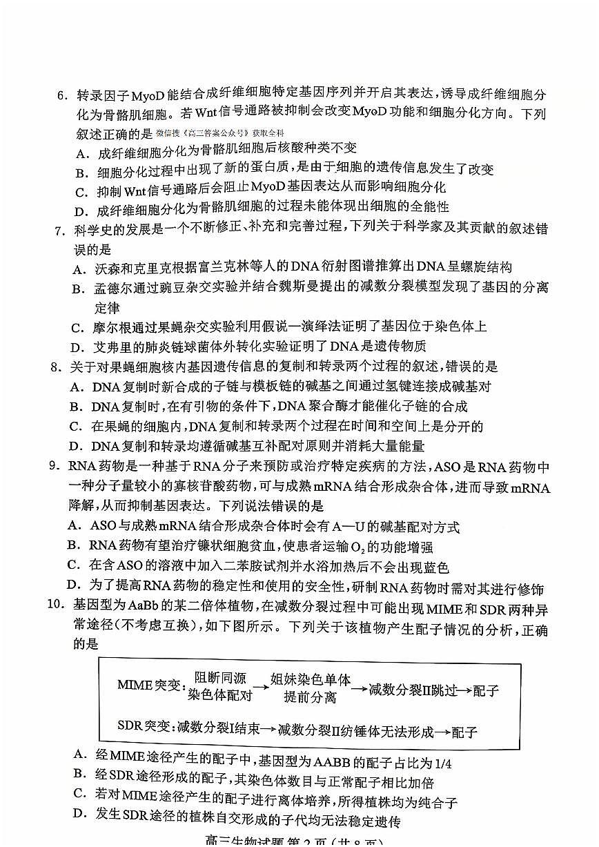 2025年保定高三上学期10月生物试题无答案第2页