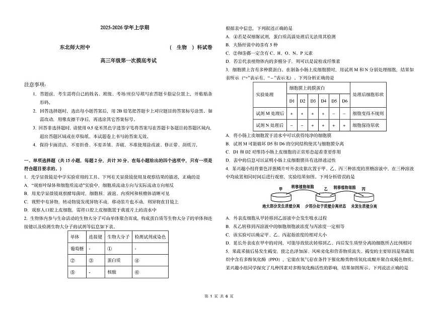 吉林省长春市东北师范大学附属中学2025-2026学年高三上学期第一次摸底考试生物试题第1页