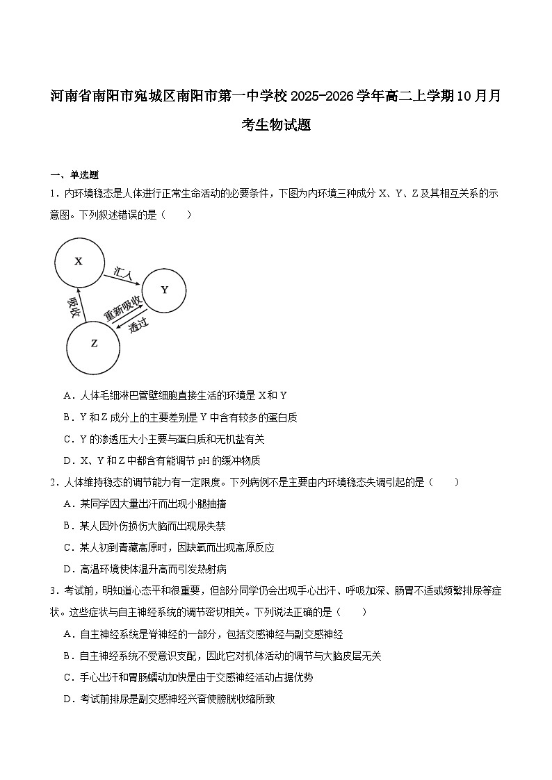河南省南阳市第一中学2025-2026学年高二上学期10月第二次月考生物试卷（Word版附答案）第1页