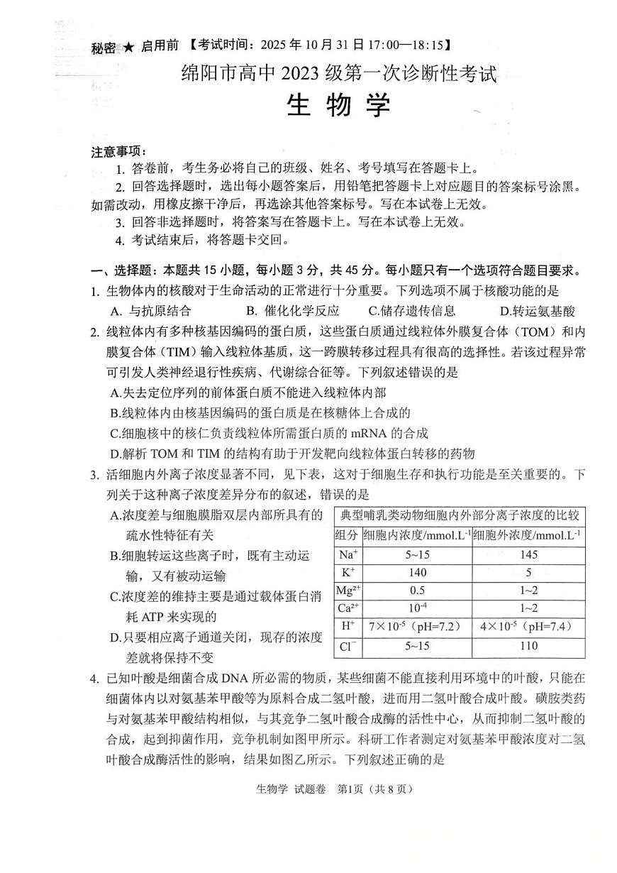 2025年绵阳高三上学期10月生物试题无答案第1页