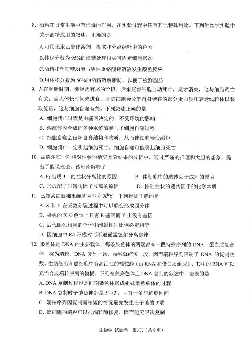 2025年绵阳高三上学期10月生物试题无答案第3页