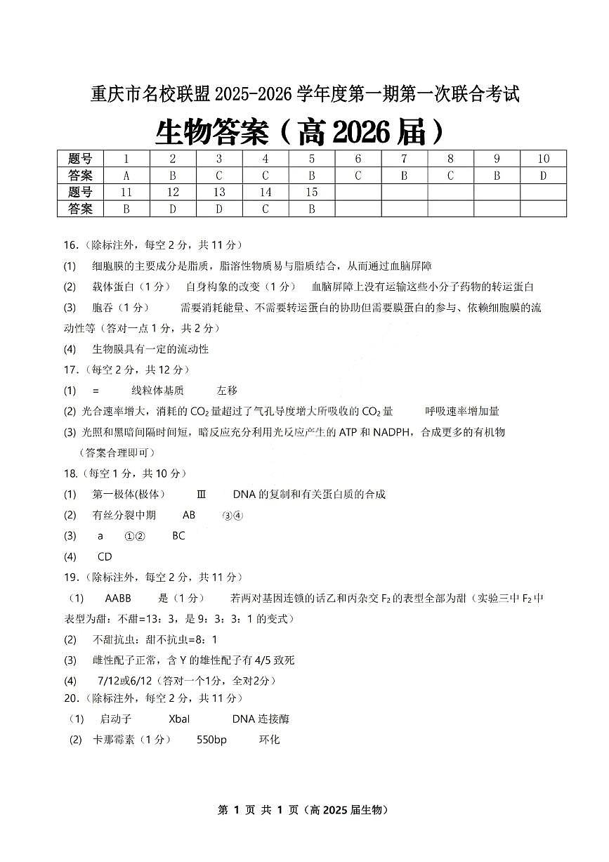 重庆市名校联盟2025-2026学年度高三上学期第一次联合考试生物答案第1页