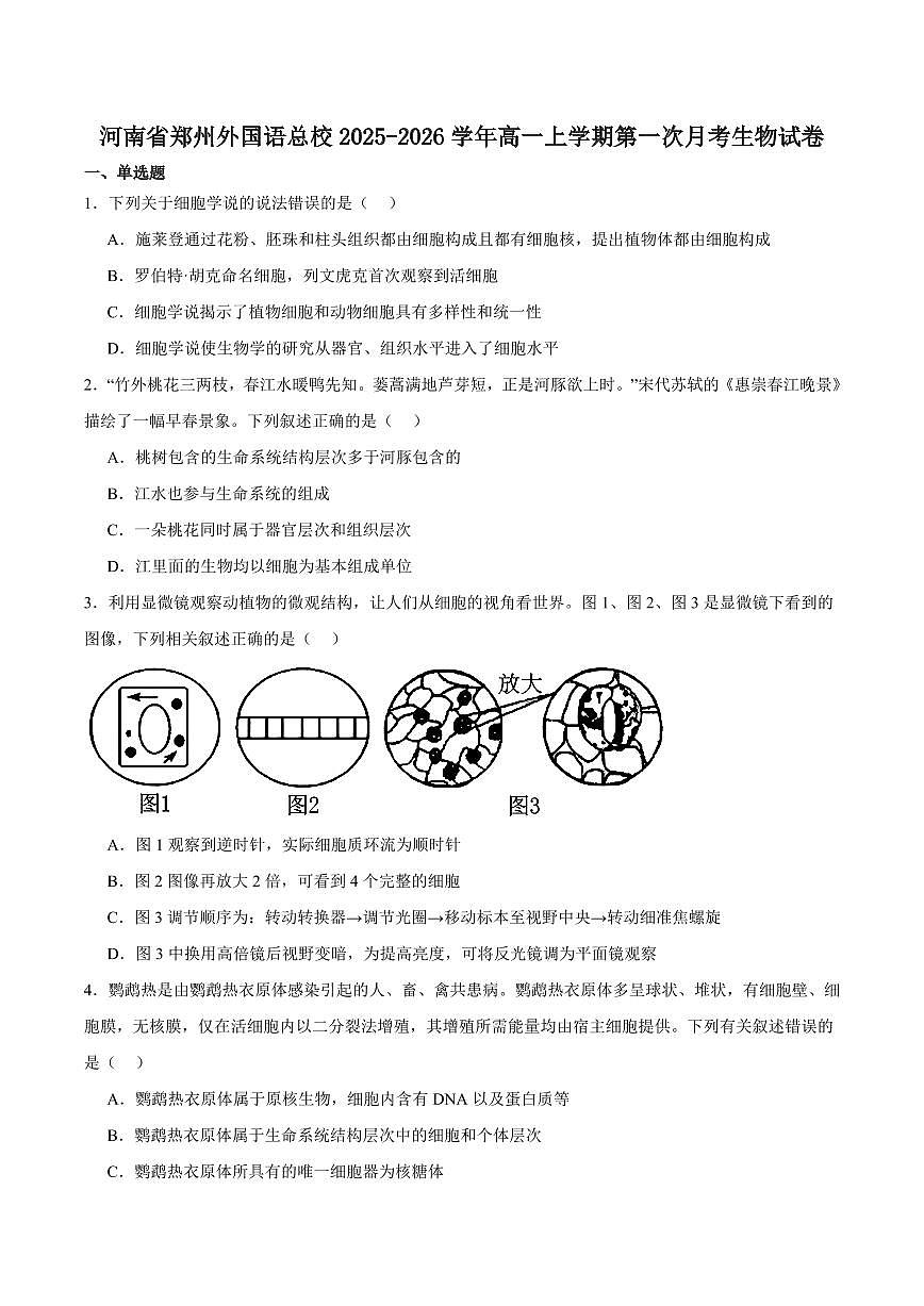 河南省郑州外国语学校2025-2026学年高一上学期10月月考试题生物试卷含答案第1页