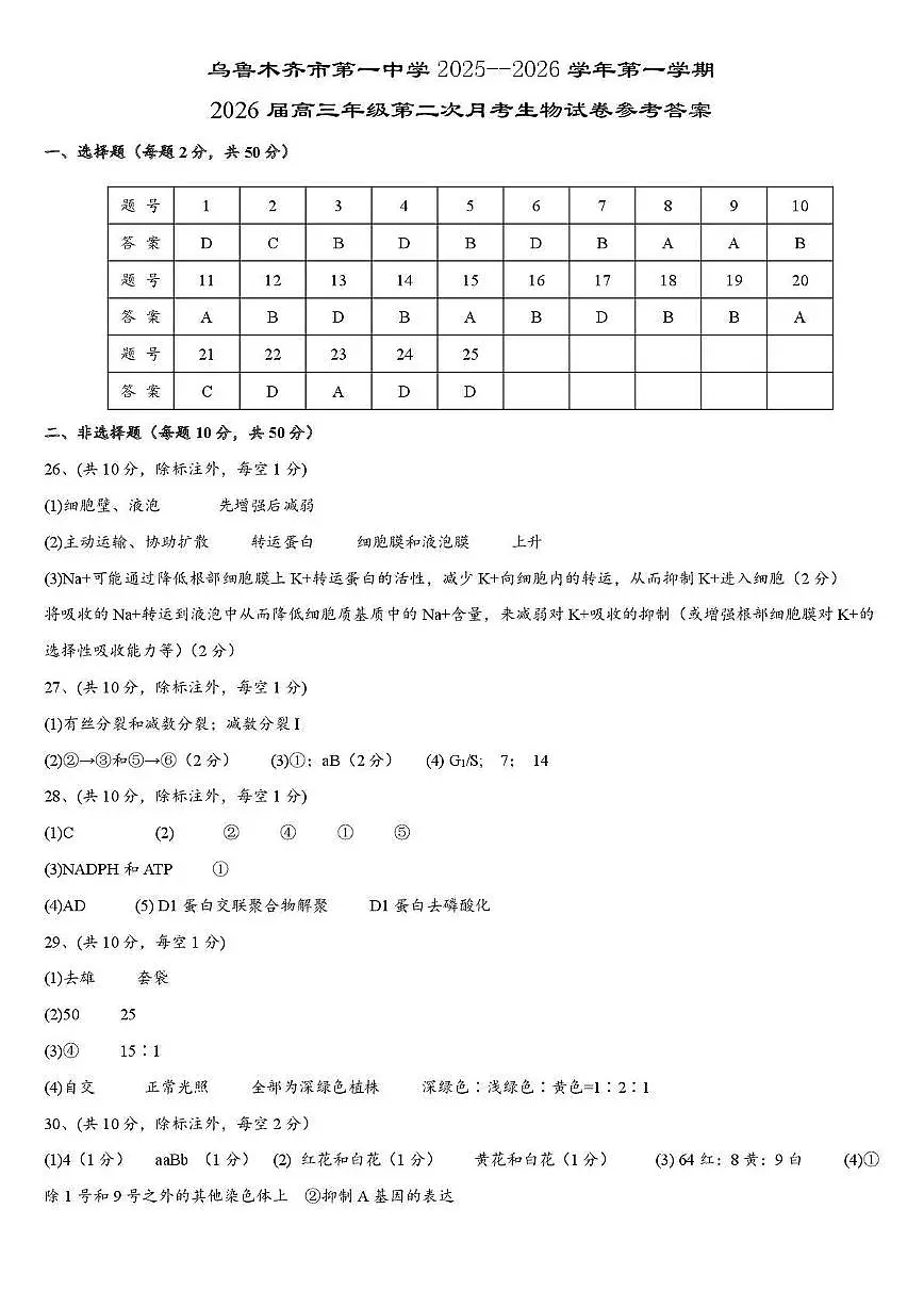 乌鲁木齐市第一中学2025--2026学年第一学期2026届高三年级第二次月考生物答案第1页