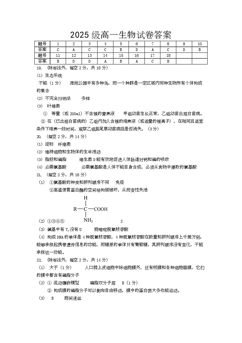 2025级高一生物试卷答案第1页