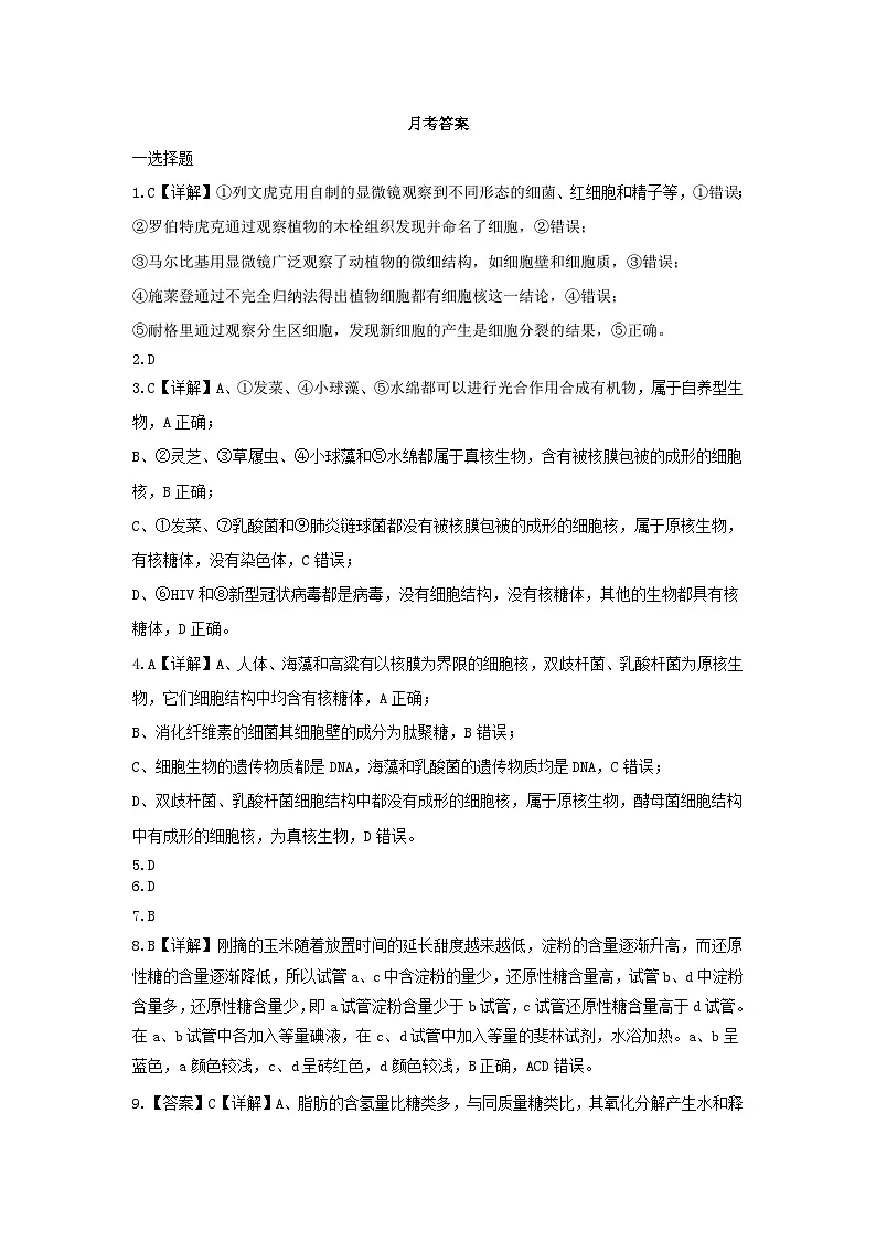 济宁市实验中学2025级高一上学期10月10月月考生物试题 答案第1页