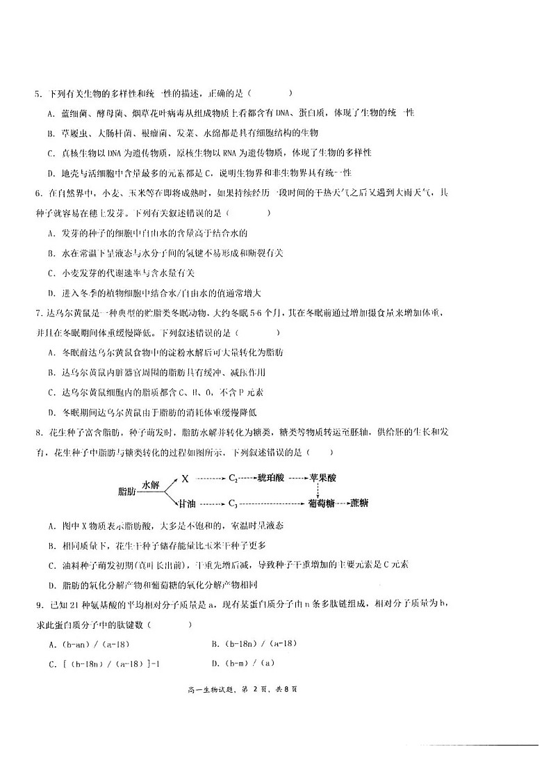 江苏省泰州中学2025-2026学年高一上学期10月考试生物试卷第2页