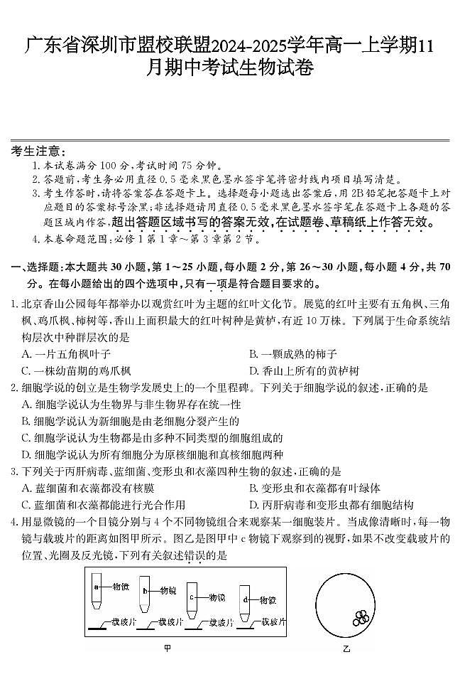 广东省深圳市盟校联盟2024-2025学年高一上学期11月期中考试 生物试卷含解析第1页