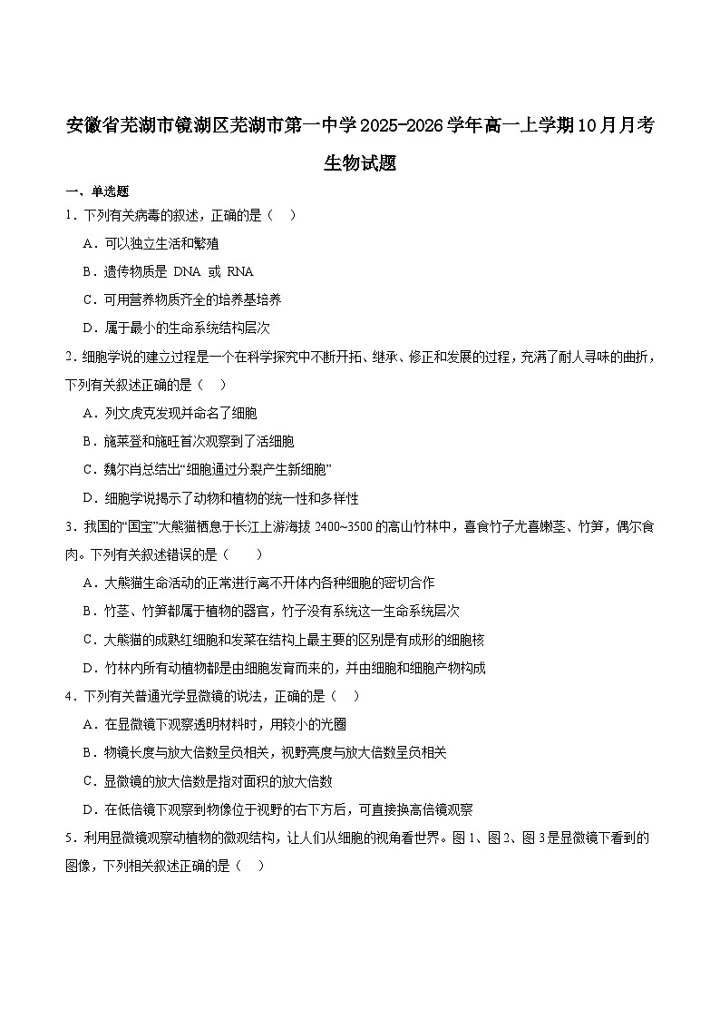 安徽省芜湖市第一中学2025-2026学年高一上学期10月教学质量诊断测试生物试卷（含解析）第1页