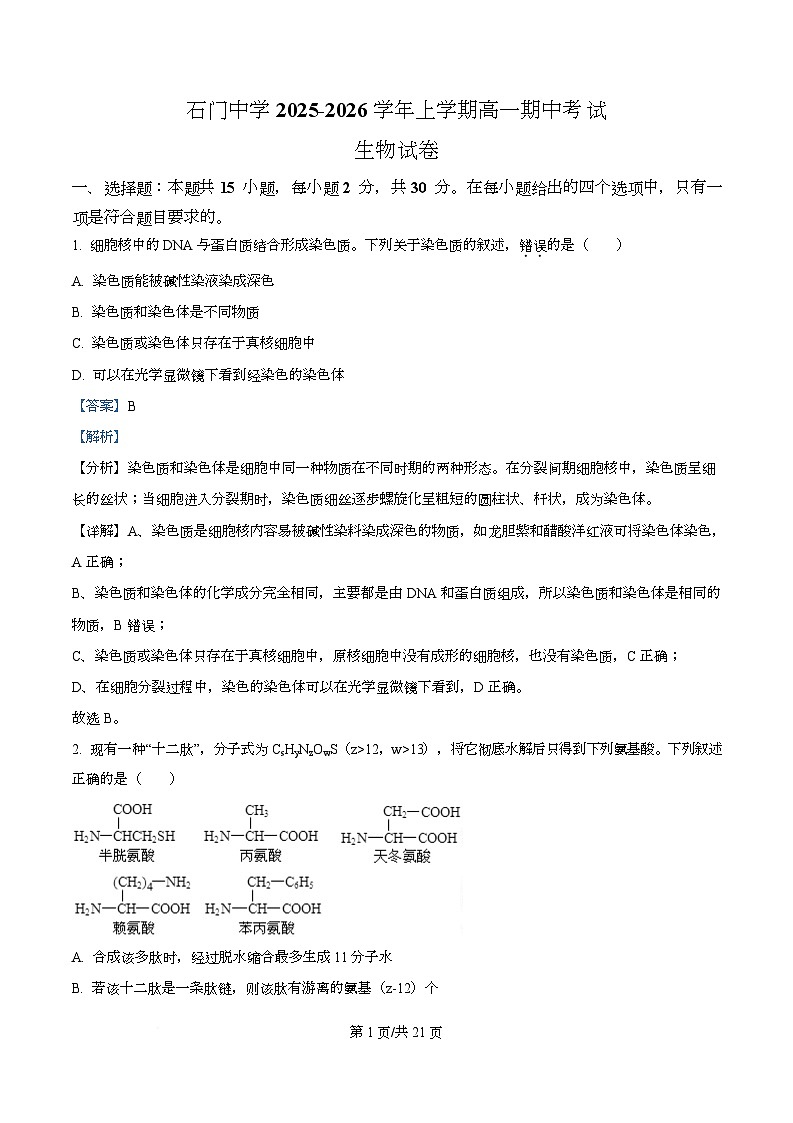 广东省佛山市南海区石门中学2025-2026学年高一上学期10月期中生物试题  Word版含解析第1页