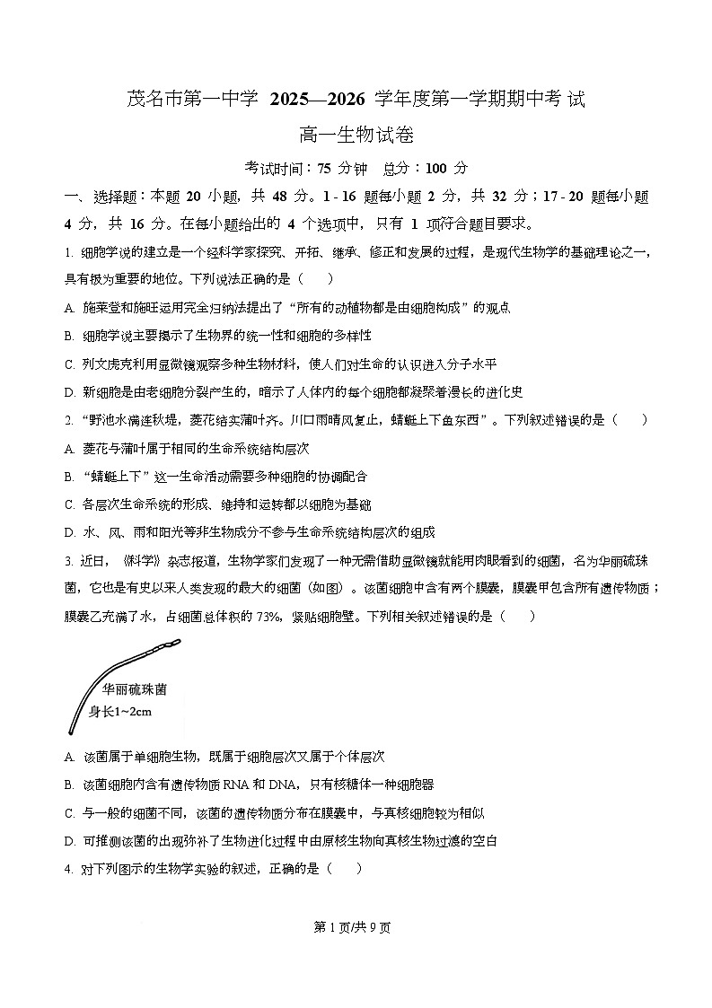广东省茂名市第一中学2025-2026学年高一上学期10月期中生物试题 Word版无答案第1页