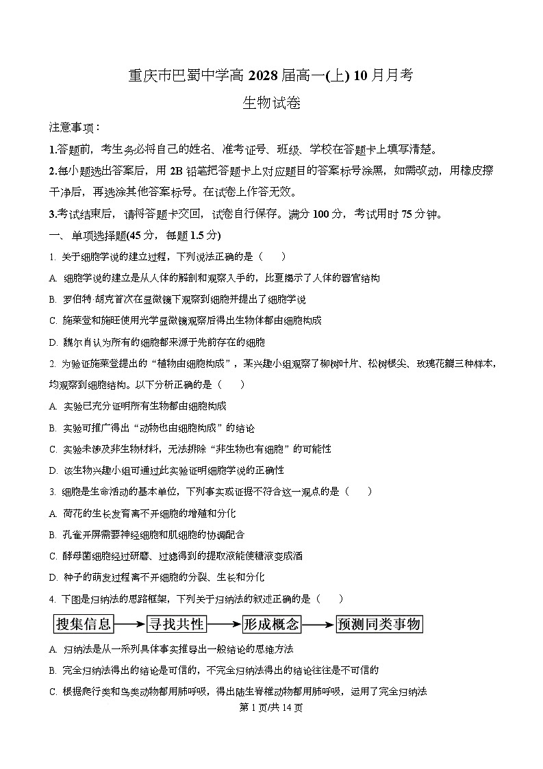 重庆市渝中区重庆市巴蜀中学校2025-2026学年高一上学期10月月考生物试题  Word版无答案第1页