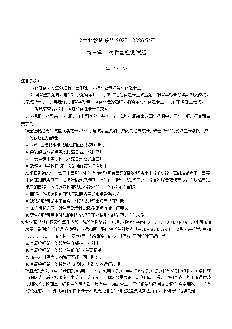 河南省豫西北教研联盟2026届高三上学期第一次质量检测生物试题（Word版附答案）第1页