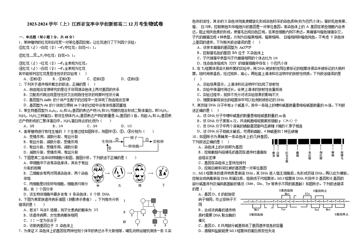 江西省宜春市宜丰中学2023-2024学年高二上学期12月月考试题 生物第1页