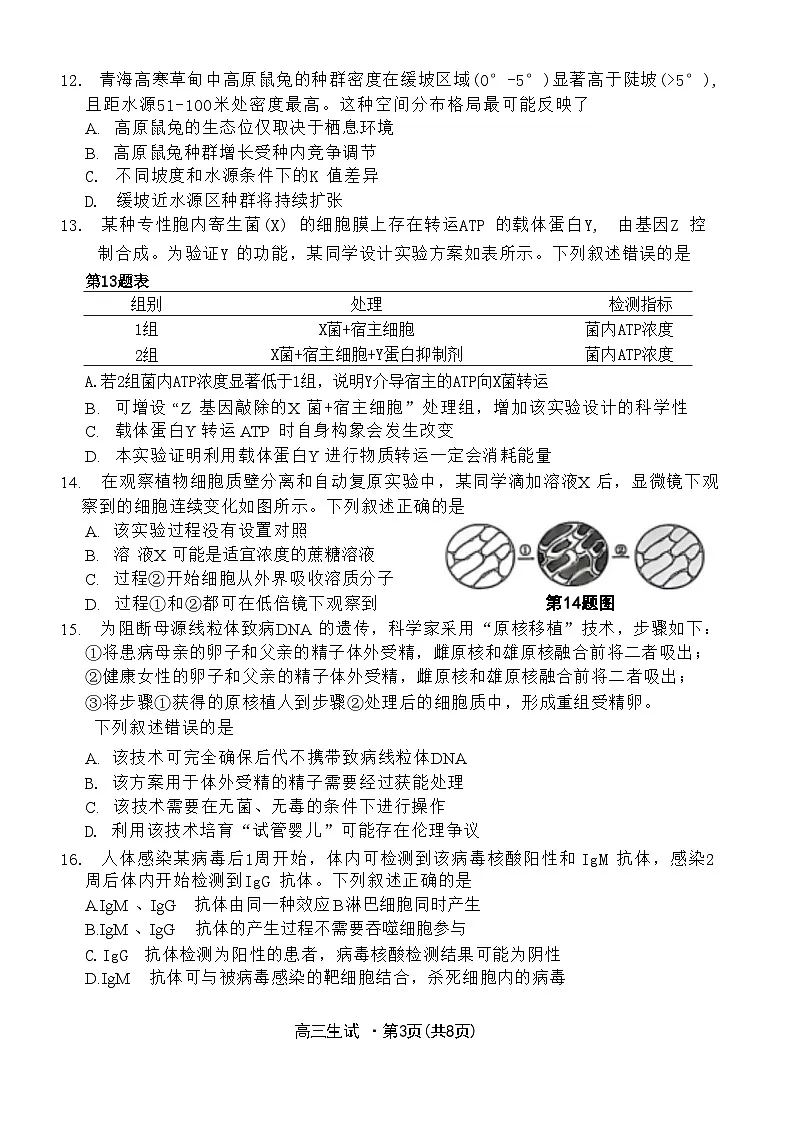 浙江省杭州市一模2026届高三第一学期教学质量检测 生物试题+答案第3页