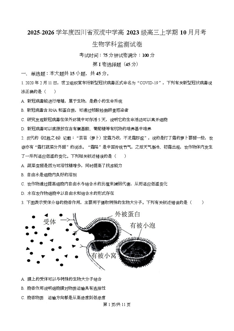 四川省成都市双流中学2026届高三上学期10月月考生物试卷（原卷版）第1页