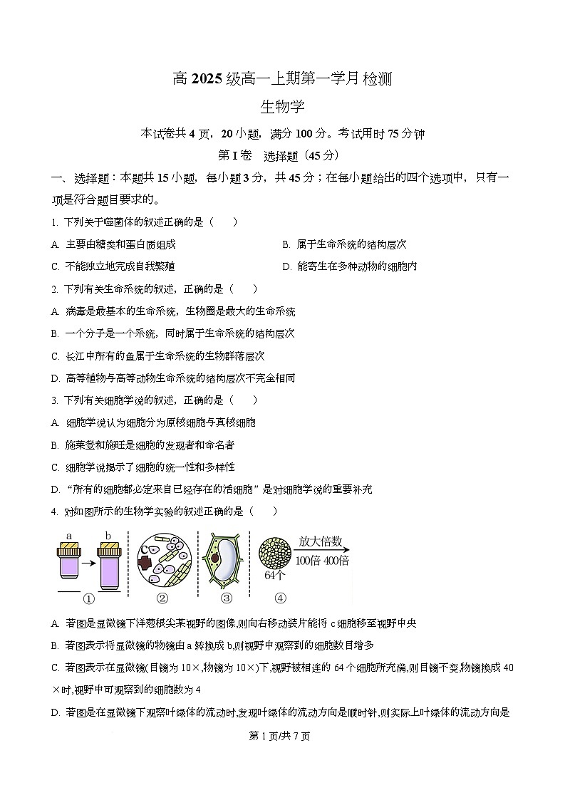 四川省泸州市泸县第五中学2025-2026学年高一上学期10月月考生物试题（原卷版）第1页
