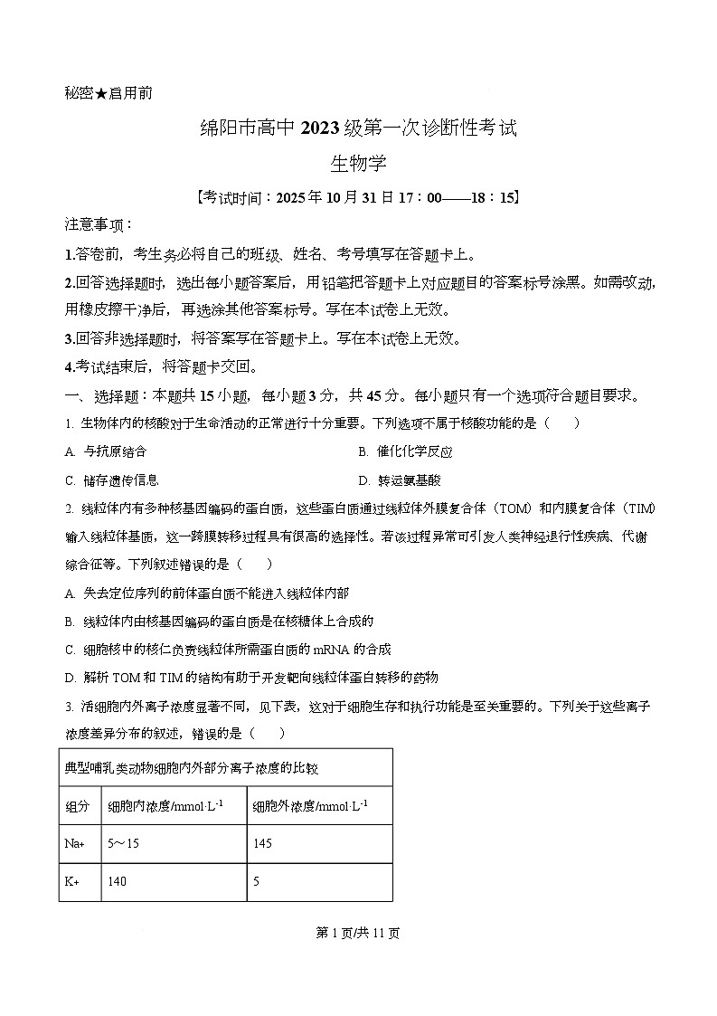 2026届四川省绵阳市高三第一次诊断性考试生物试题（原卷版）第1页