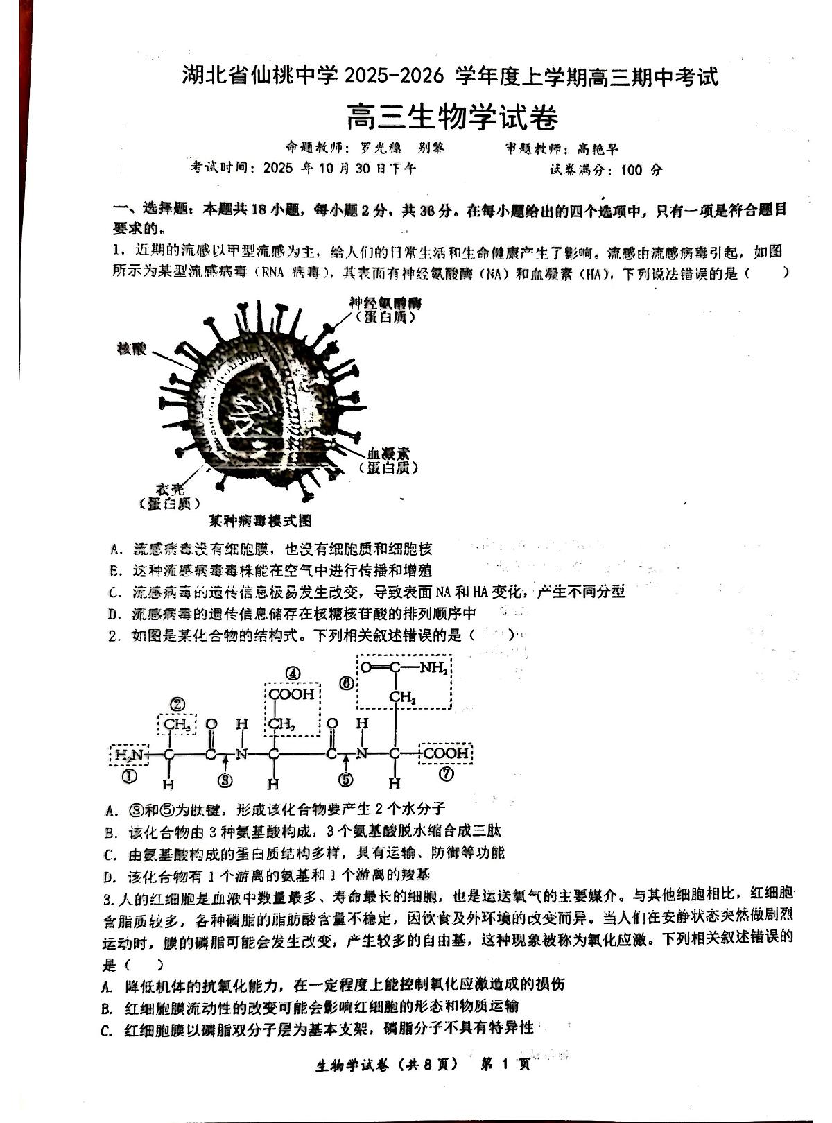 湖北省仙桃中学2025-2026学年高三上学期期中考试生物试题第1页