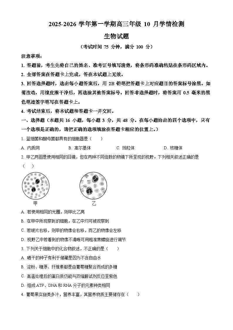 山西省晋中市部分学校2025-2026学年高三上学期10月学情检测生物试题 Word版无答案第1页