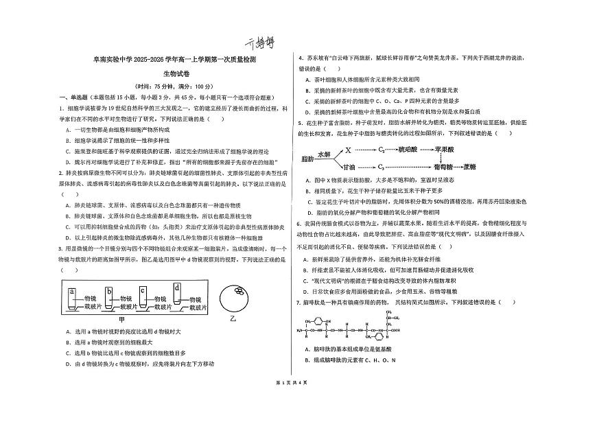 安徽省阜南实验中学（阜南县教师进修学校）2025-2026学年高一上学期11月月考生物试题第1页