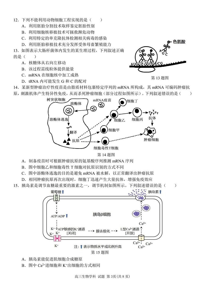 浙江省浙南名校联盟2026届高三上学期10月联考生物试卷（无答案）第3页