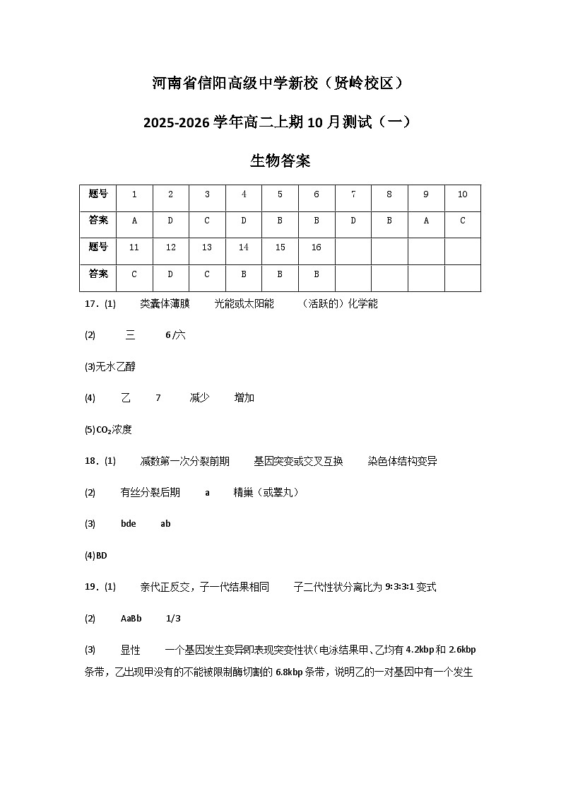 河南省信阳高级中学新校（贤岭校区）2025-2026学年高二上期10月测试（一）生物答案第1页