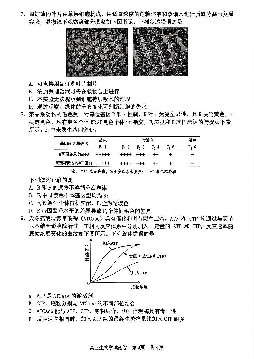 浙江省丽水、湖州、衢州三地市2026届高三上学期11月（一模）教学质量检测 生物试题+答案第2页