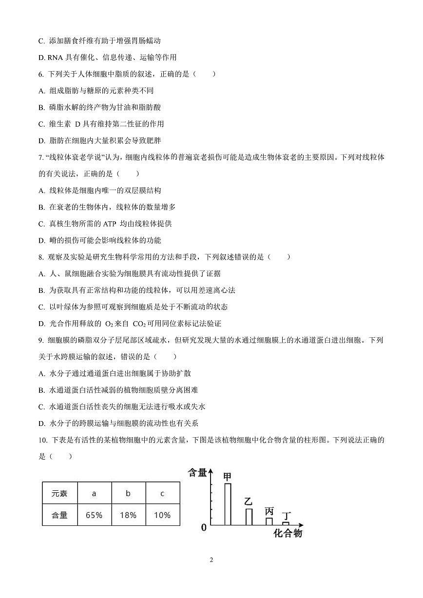 河北省衡水市冀州区河北冀州中学2024-2025学年高一上学期期中生物试题含答案第2页