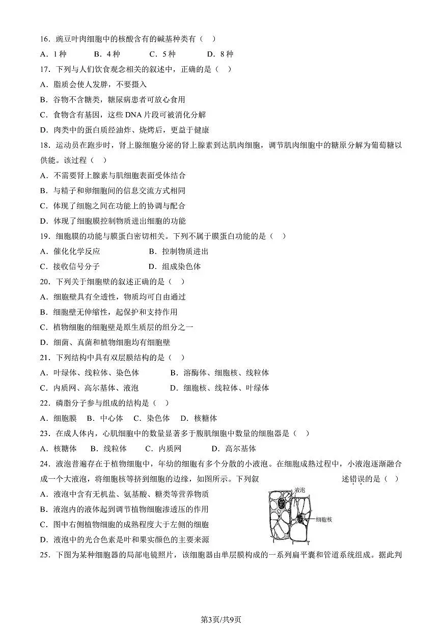 2025北京丰台高一（上）期中生物试卷第3页