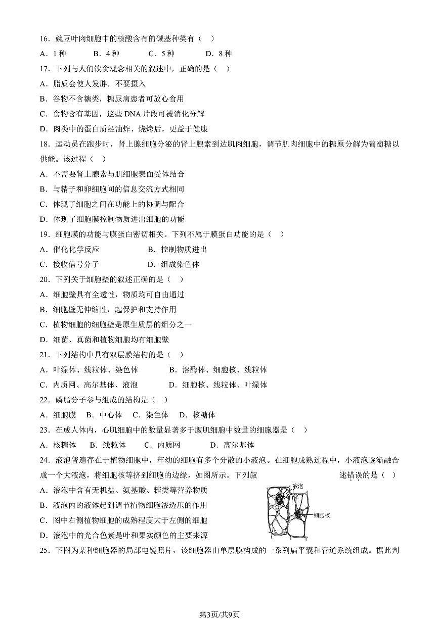 2025北京丰台高一（上）期中生物试卷第3页