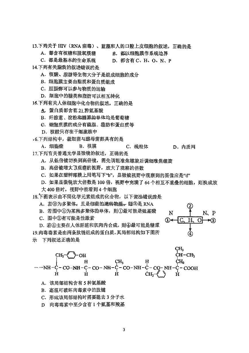 江苏省镇江市丹阳高级中学（重点班）2025-2026学年高一上学期10+月阶段测试生物试题（月考）第3页
